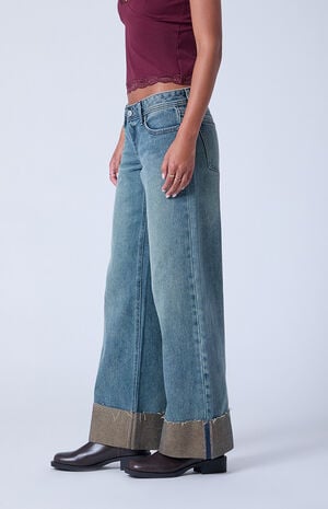 Kaia Ultimate Low Rise Baggy Jeans Roll Cuff Raw Cut Medium Blue image number 3