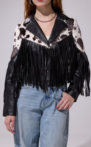 Olandria Faux Leather Black Western Fringe Jacket image number 1