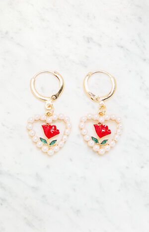 Pearl Heart Rose Hoop Earrings image number 1