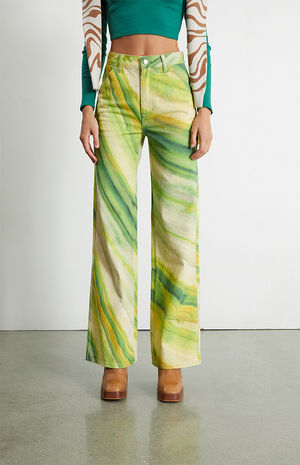 Green Tie Dye Ultra High Waisted Flare Pants image number 2