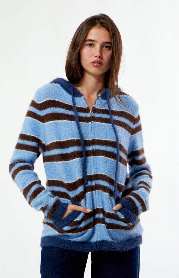 Daisy Street Striped Fluffy Knit Zip Up Hooded Sweater