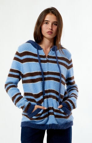 Striped Fluffy Knit Zip Up Hooded Sweater image number 1