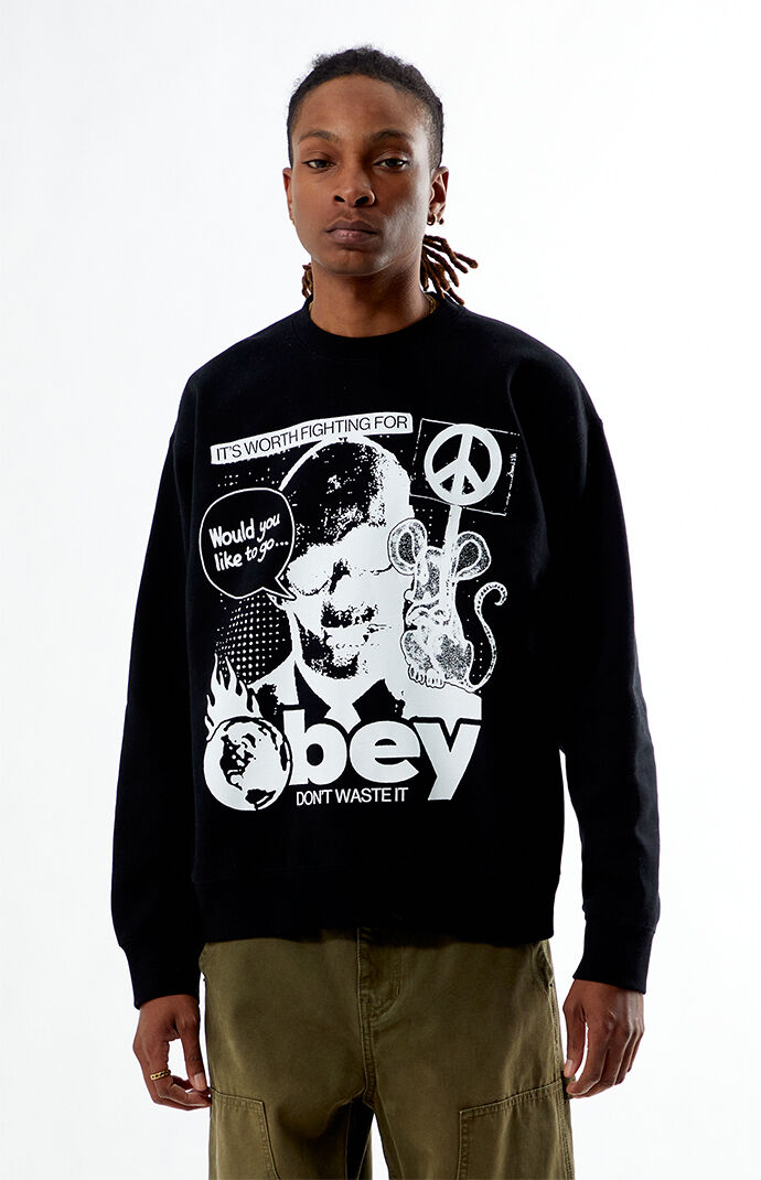 Obey Men s Don t Waste It Crew Neck Sweatshirt in Black Size Large