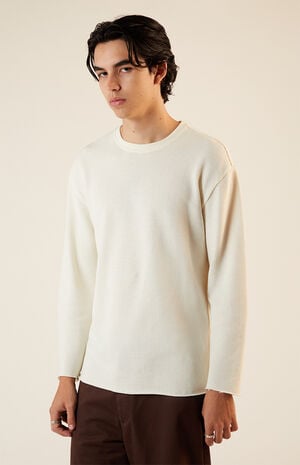 Cream Solid Raw Hem Waffle Knit Long Sleeve T-Shirt image number 1