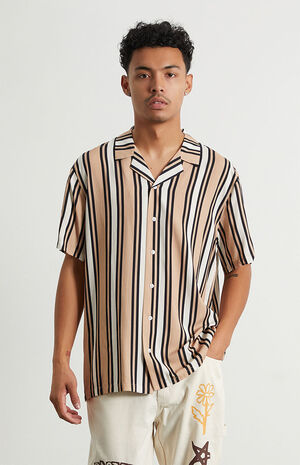 Tan Stripe Woven Camp Shirt image number 1