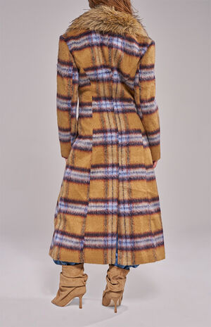 Talora Tan Plaid Long Faux Fur Trench Coat image number 5
