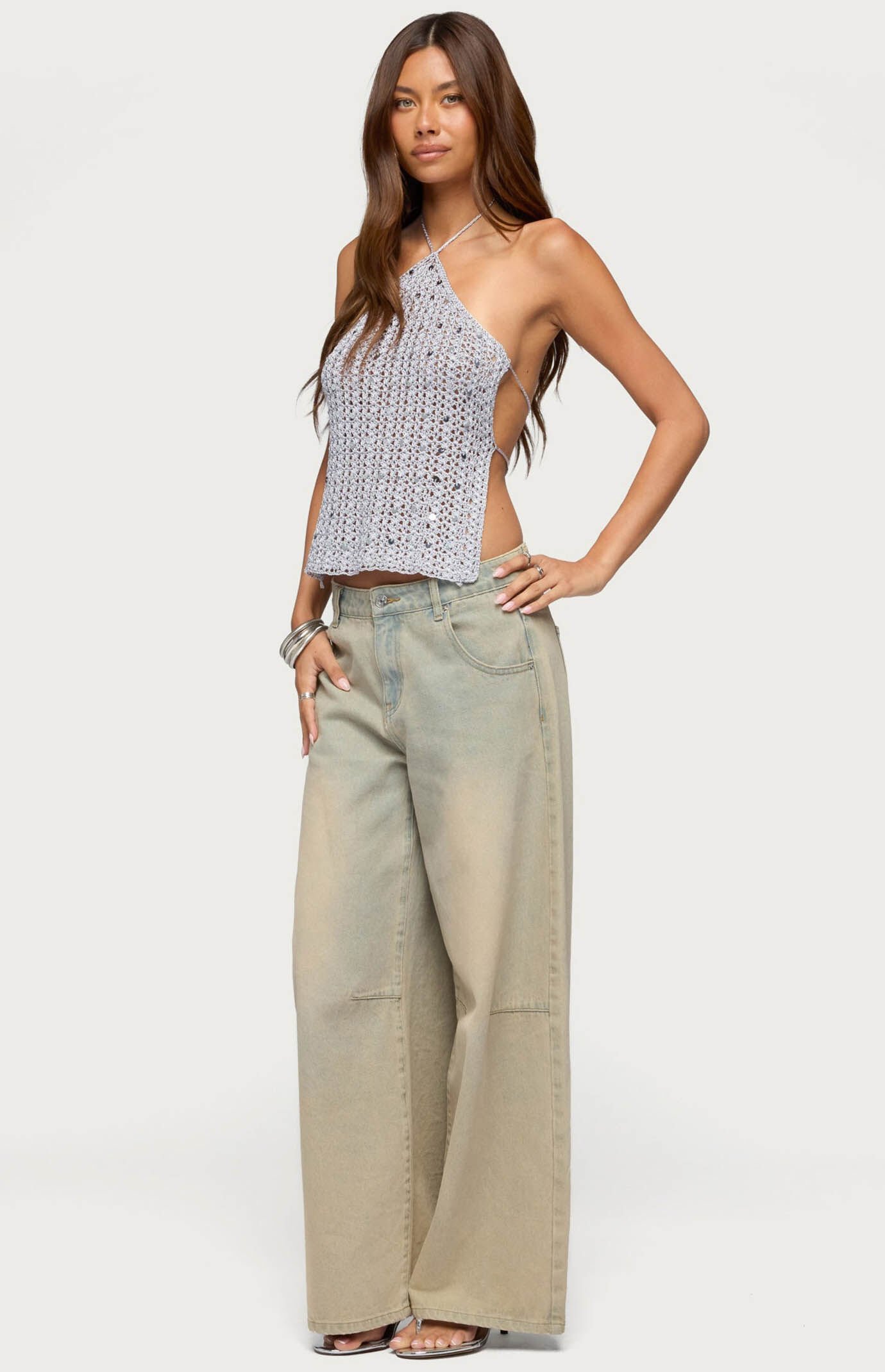 Edikted Thaly Backless Sequin Crochet Halter Top