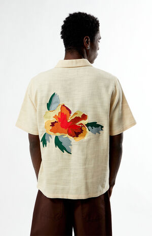 Tan Embroidered Oversized Resort Camp Shirt image number 3