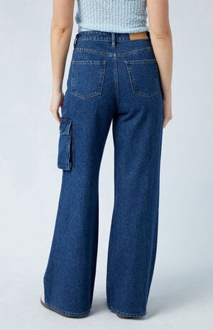 Eco Dark Indigo High Waisted Wide Leg Cargo Jeans Eco Dark Indigo High Waisted Wide Leg Cargo Jeans image number 4
