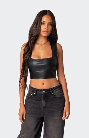 Crescent Faux Leather Crop Top image number 1