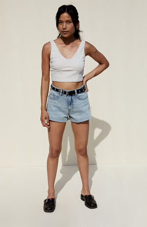 Eco Light Blue Raw Hem Denim Mom Shorts image number 1