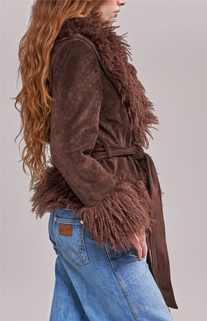 Tori Chocolate Faux Fur Trench Coat image number 3