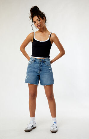 Eco Dark Indigo Ripped High Waisted Relaxed Jorts image number 4