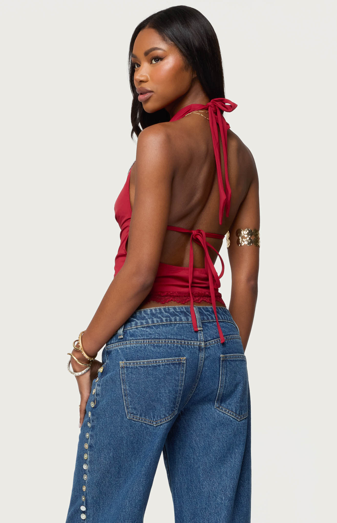 Edikted Layered Lacey Cowl Neck Halter Top | Pacsun