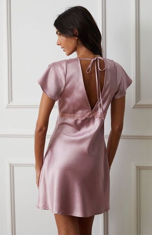 Lace Trim Satin V-Neck Mini Dress image number 4