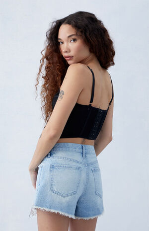 Eco Light Indigo Rhinestone High Waisted Denim Festival Shorts image number 4