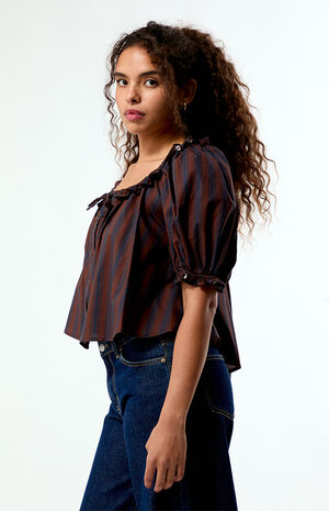 Striped Puff Sleeve Button Up Top image number 3