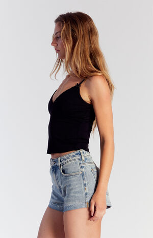 Light Indigo Raw Cut Denim Mom Shorts image number 3
