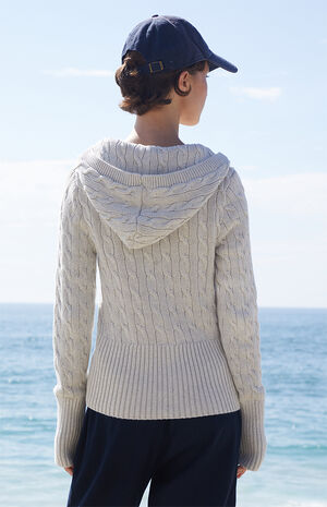 Light Gray Cable Knit Button Down Hooded Sweater image number 4