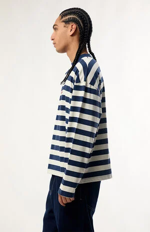 Blue Global Striped Heavyweight Cropped Long Sleeve T-Shirt image number 3