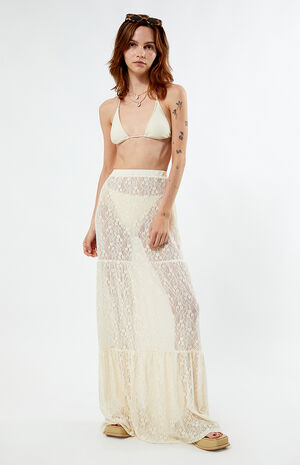 Sheer Lace Mid Rise Tiered Maxi Skirt image number 2
