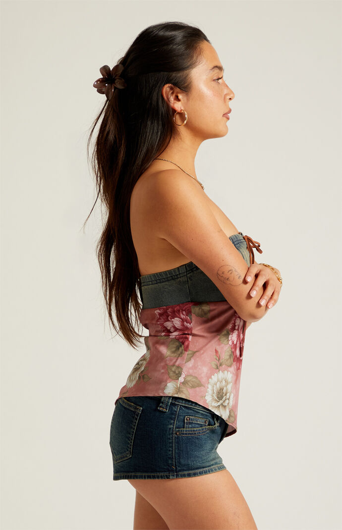 Beverly and Beck Lace-Up Denim Chiffon Tube Top