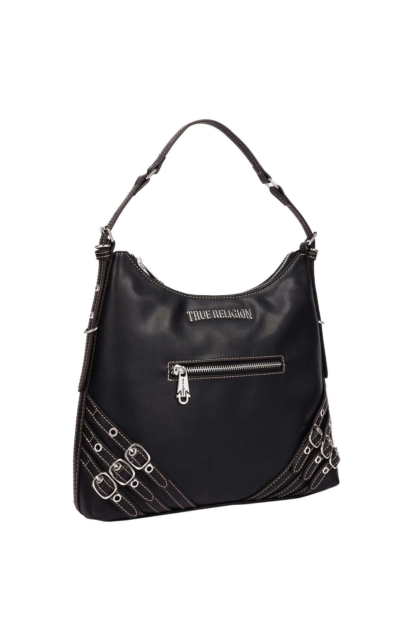 True Religion Black Triple Straps Large Faux Leather Hobo Bag