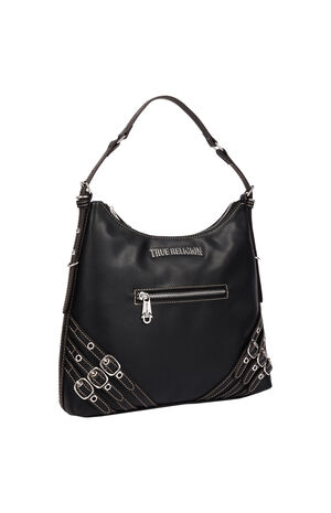 Black Triple Straps Large Faux Leather Hobo Bag image number 2