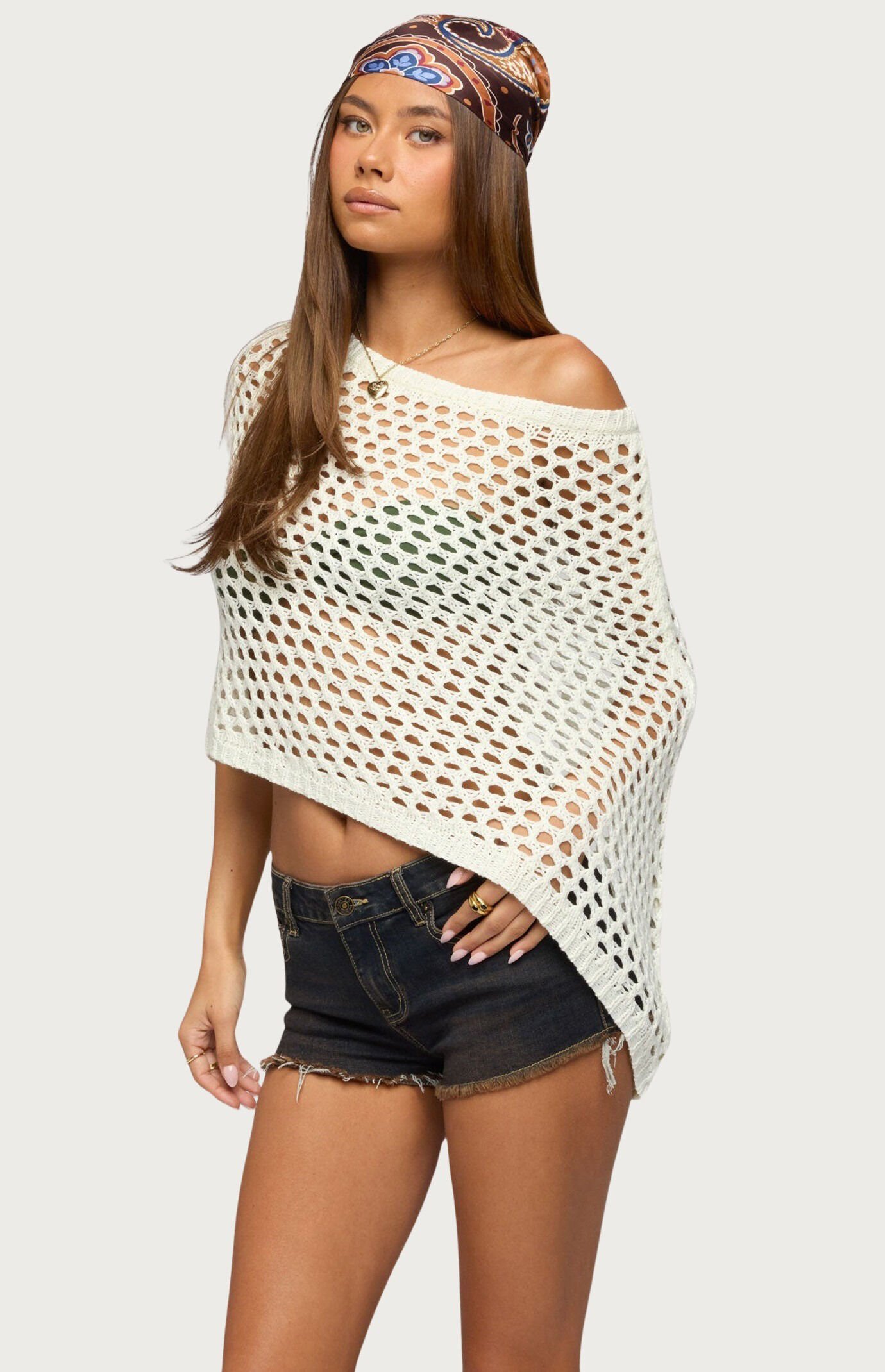 Edikted Cloe Off Shoulder Crochet Poncho