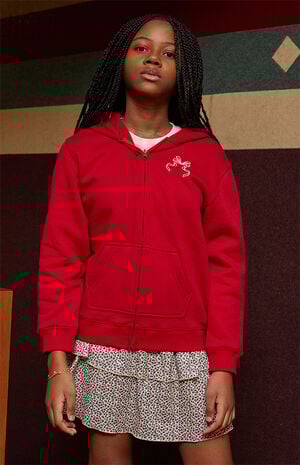 Red Embroidered Bow Full Zip Hoodie