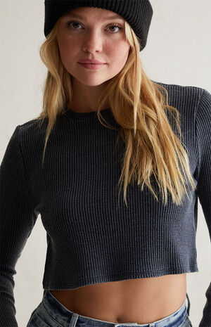 Easy Waffle Knit Crew Long Sleeve Crop Top image number 1