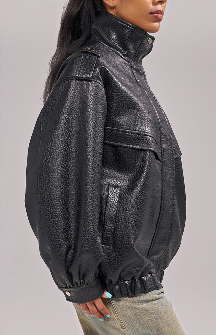 AZALEA WANG Verlander Black Faux Leather Bomber Jacket