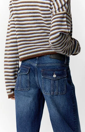 Casey Low Rise Baggy Jeans Button Flap Pocket Dark Blue image number 5