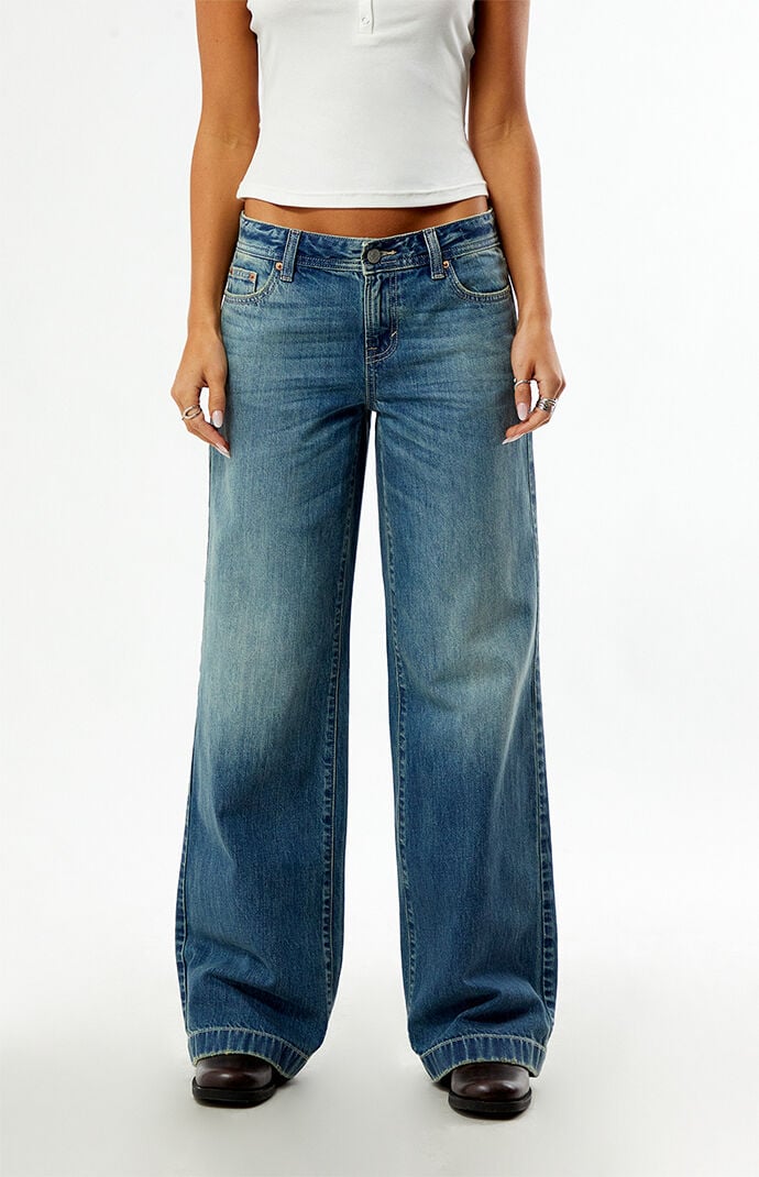 Pacsun Casey Low Rise Baggy Jeans Pocket Studs Medium Blue