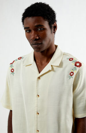 Cream Floral Embroidered Oversized Camp Shirt image number 2