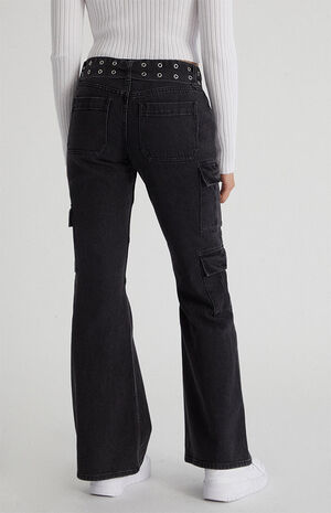 Black Low Rise Cargo Flare Jeans image number 4