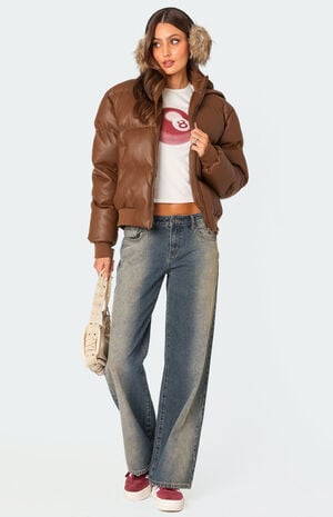 Wintry Faux Leather Hooded Puffer Jacket image number 2