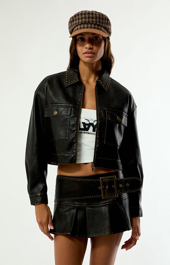 PLAY PALM ANGELS Faux Leather 2-Way Zip Cropped Jacket | Pacsun