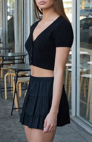 Black Cable Knit Short Sleeve Cropped Cardigan image number 2
