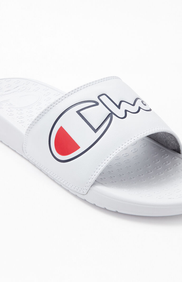 Champion White Super Split Script Slide Sandals Pacsun