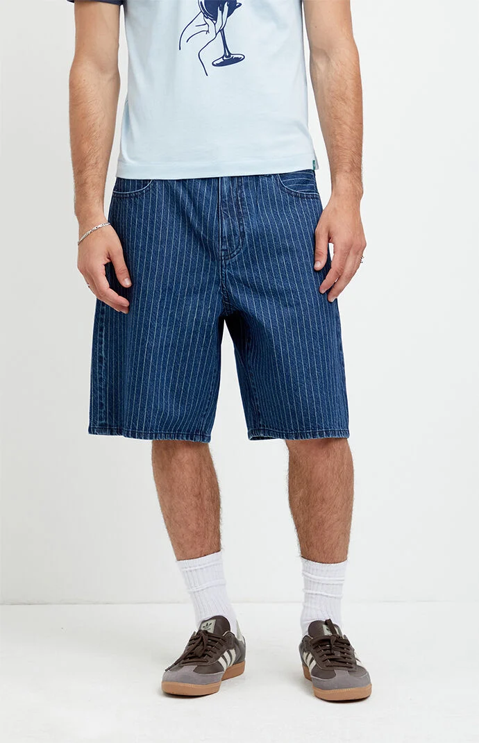 Pacsun Parker Baggy Jean Shorts Striped Dark Blue