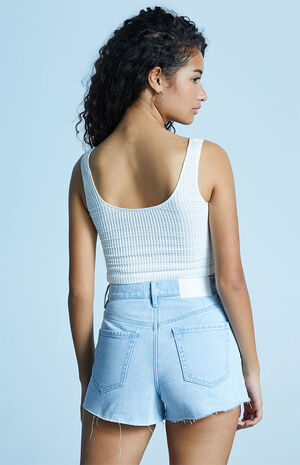 Light&nbsp;Blue Diamond Seam Vintage High Waisted Denim Shorts image number 4