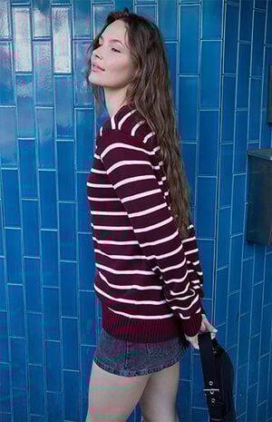 Burgundy Thin Stripe Crew Neck Sweater image number 2
