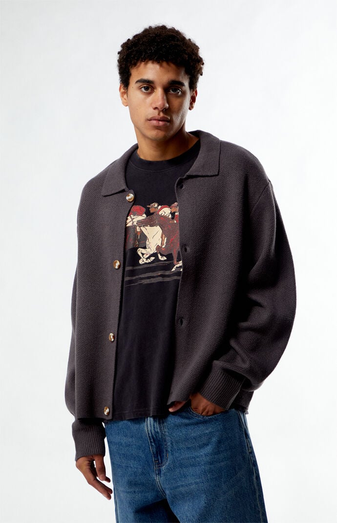 Image: Gray Button Front Polo Sweater