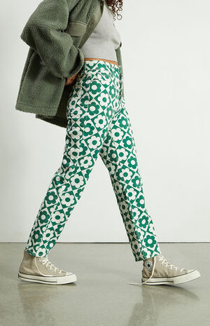 Green & White Daisy High Waisted Straight Leg Jeans image number 4
