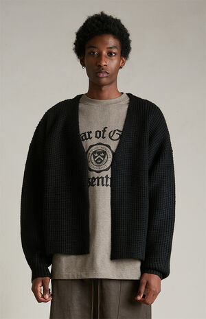 Black Heavy Waffle Knit Cardigan image number 2