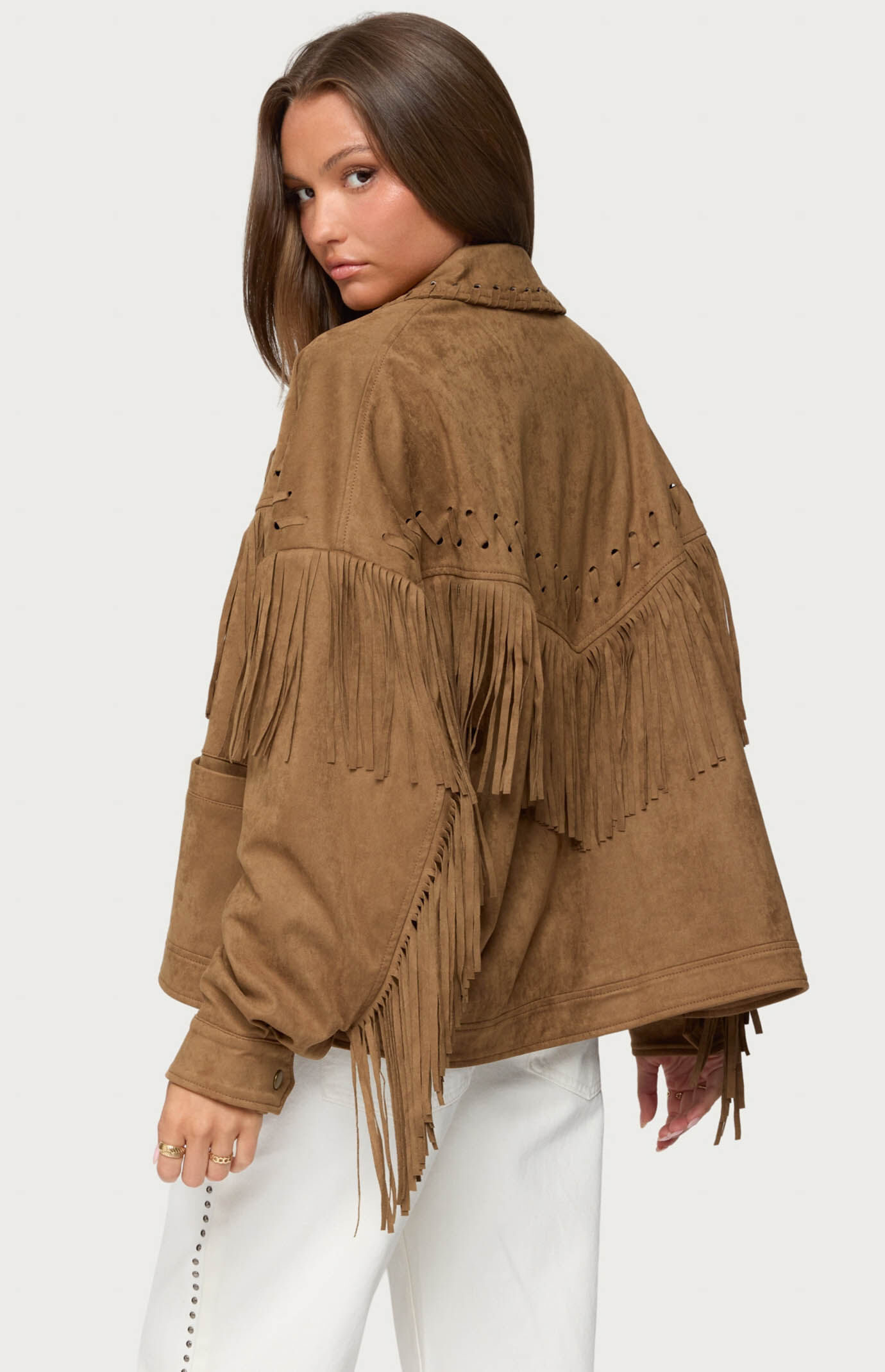 Edikted Evonka Fringe Faux Suede Jacket