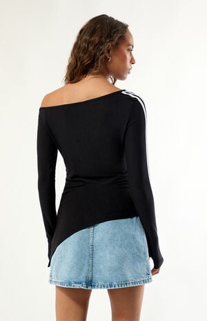 Black One Shoulder Asymmetrical Long Sleeve Top image number 4
