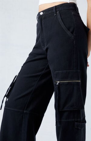 Black High Waisted Wide Leg Cargo Pants image number 4