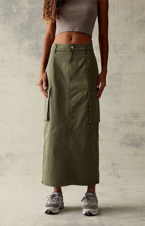 Olive Stretch High-Waisted Cargo Midi Skirt